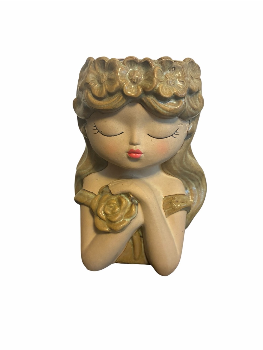 Napco Ceramic Girl Head Planter Bust Flower Crown Rose Tan Gold 71221